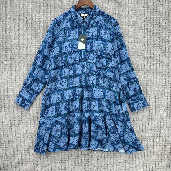 Tuckernuck Mini Dress Womens XL Blue Designer Floral Long Sleeve Ruffle Hem NWT - Picture 3 of 13